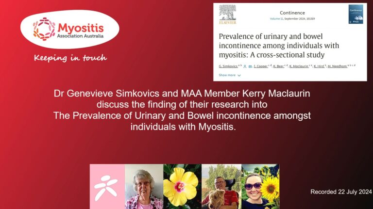 Dr Genevieve Simkovics and MAA Member Kerry Maclaurin discuss the finding of their research into incontinence amongst males with Myositis.